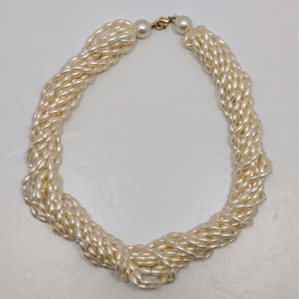VTG Multi Strand Twisted Faux Rice Pearl Torsade Necklace Cream Gold Tone 18in